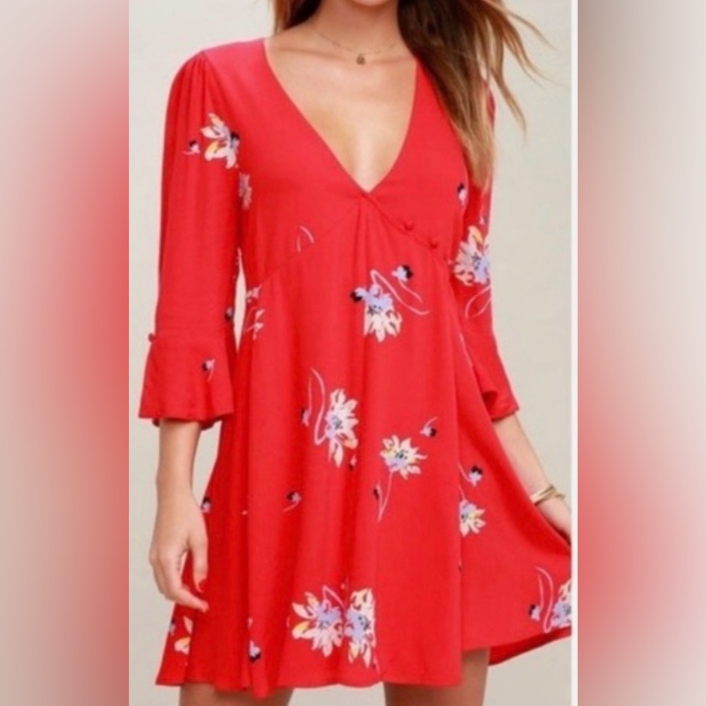 Free People NWT Time On My Side Red Floral Mini Dress - Picture 3 of 7